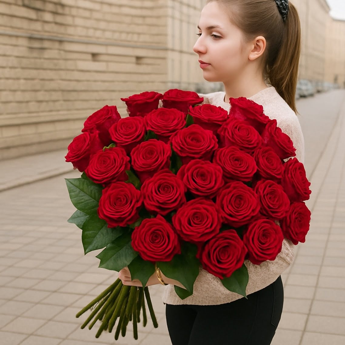 25 красных роз 90см.